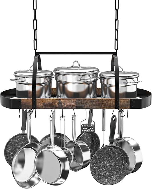 Hanging Pot Rack,32-Inch Ceiling Pot Rack for Kitchen,Space-Saving Pot Hanger with 16 Detachable S Hooks,Sturdy Metal Frame,Industrial Style,for Pot, Pan Storage,Space-Saving by Chloraeon