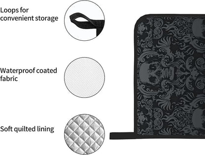 Victorian Gothic Black Skull Damask Oven Mitts and Pot Holders Sets of 4,Resistant Hot Pads with Polyester Non-Slip BBQ Gloves for Kitchen,Cooking,Baking,Grilling