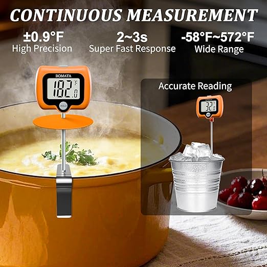BOMATA Digital Candy Thermometer with Pot Clip, Deep Fry Oil Thermometer with Rotatable Display & Long Probe, for Candy Candle Making, Cooking, Food, Liquids, Water, Sugar.. Orange