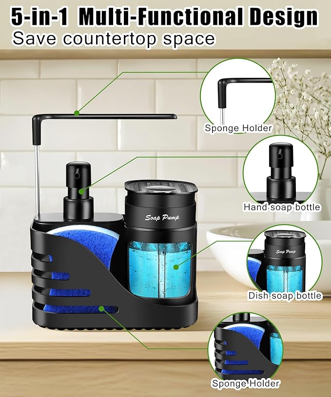 Kitchen Soap Dispenser Set, 4-in-1 Dual Hand and Dish Soap Dispenser with Sponge Holder and Dishcloth Holder for Kitchen Sink (Black) - Image 5