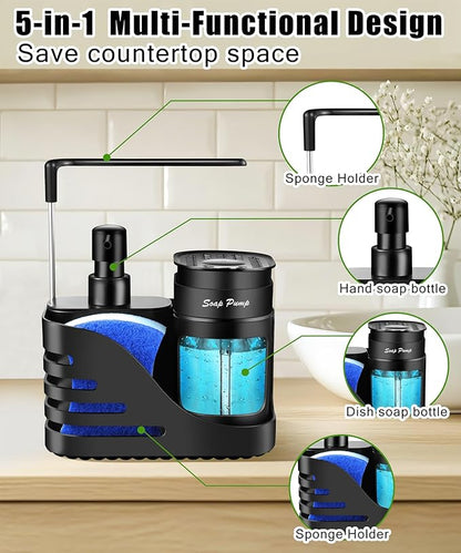 Kitchen Soap Dispenser Set, 4-in-1 Dual Hand and Dish Soap Dispenser with Sponge Holder and Dishcloth Holder for Kitchen Sink (Black) - Image 5