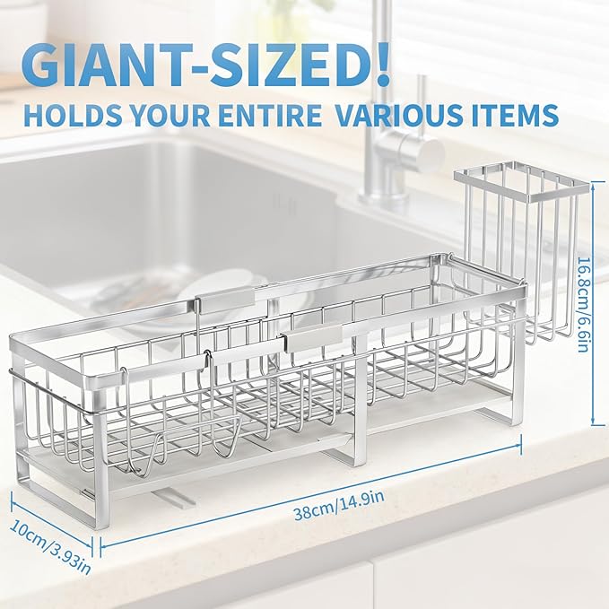 Aurblozen Extra Large Extendable Sponge Holder for Kitchen Sink, Rustproof Sink Caddy Organizer with High Brush Holder, Dish Soap Dispenser Organizers and Storage (Stainless Steel) - Image 2