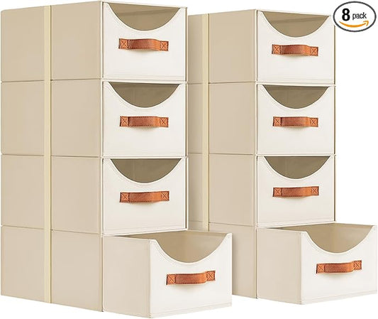 Homsorout Stackable Storage Drawers - Collapsible Storage Bins with Drawers, 8 Pack Closet Shelf Organizer Basket, Fabric Pull Out Organizer for Bedroom, Living Room, Dorm, Beige