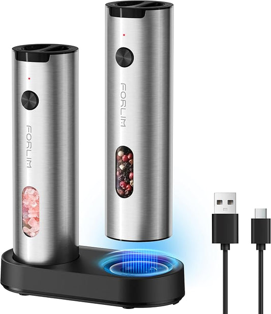 FORLIM Electric Salt and Pepper Grinder Set Rechargeable, Auto Salt and Pepper Grinder set with Charging Base, Adjustable Coarseness, LED Light, Automatic Salt Grinder Refillable,Pepper Shakers Set by FORLIM