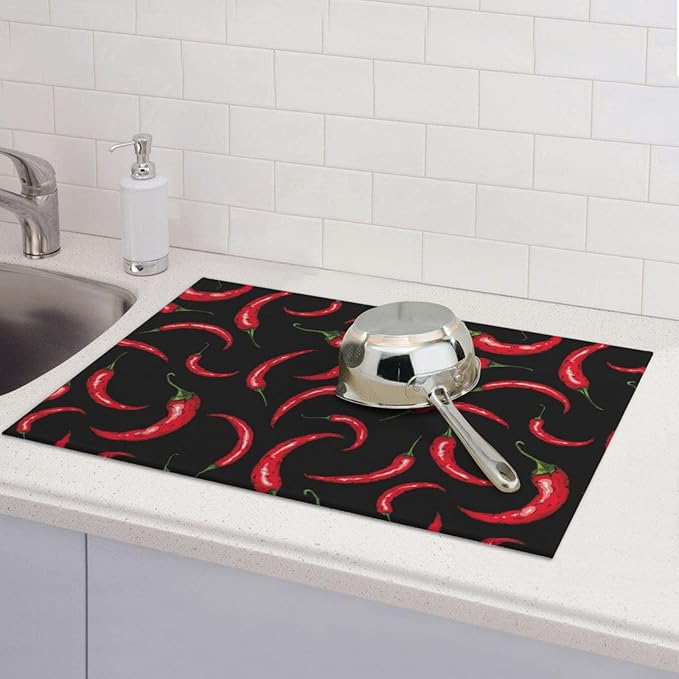 Chili Pepper Dish Drying Mat Red Hot Chili Pepper Black Drying Rack Pad Countertop Dishes Ultra Absorbent Microfiber Kitchen Counter Mat 18x24 Inch