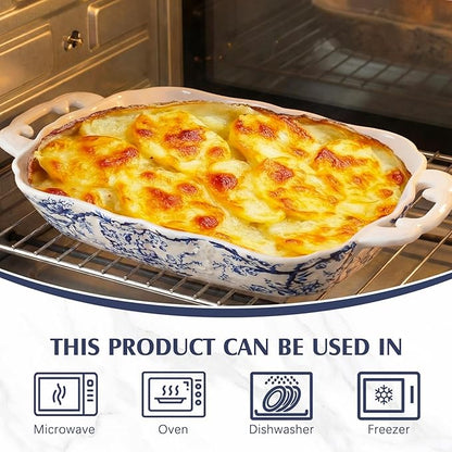 Vintage Casserole Dish 7.3 x 11.8, Ceramic Baking Dish with Oil Drip Rack, 1.26 Qt Blue and White Roasting Pan with Double Handles, Oven Safe and Durable for Baking, Lasagna, Wedding Gift - Image 4