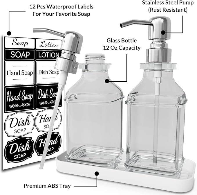 LMQML Soap Dispenser - 2 Pack, Antique Design Thick Glass Hand Soap Dispensers with Sturdy Tray; 304 Rust Proof Stainless Steel Silver Pump, 12Pcs Stickers, for Kitchen, Bathroom - Image 2