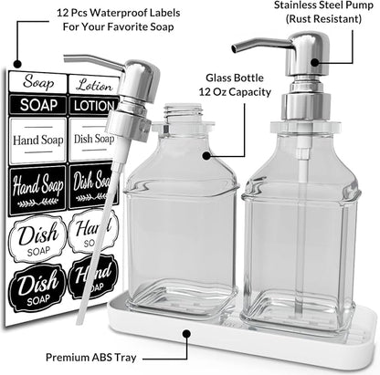 LMQML Soap Dispenser - 2 Pack, Antique Design Thick Glass Hand Soap Dispensers with Sturdy Tray; 304 Rust Proof Stainless Steel Silver Pump, 12Pcs Stickers, for Kitchen, Bathroom - Image 2
