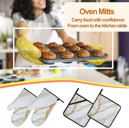 White Gold Marble Oven Mitts and Heat Resistant Pads - Heat Resistant Gloves Potholder Set of 4 for Cooking, BBQ, Gifts for Women