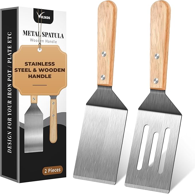 Stainless Steel Spatula Set, 2 Pieces Metal Spatula for Cast Iron Skillet, Metal Spatulas for Kitchen Use with Wooden Handle, Ideal for Frying Steak, Pancake, Cookie, Burger, Brownie or Desserts by Volikos