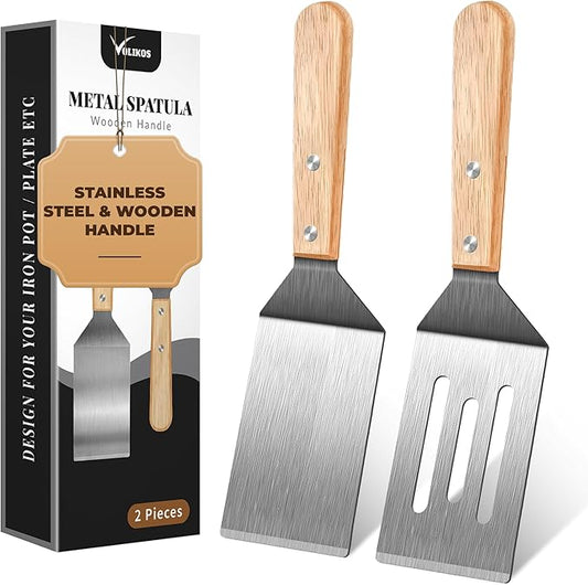 Stainless Steel Spatula Set, 2 Pieces Metal Spatula for Cast Iron Skillet, Metal Spatulas for Kitchen Use with Wooden Handle, Ideal for Frying Steak, Pancake, Cookie, Burger, Brownie or Desserts by Volikos