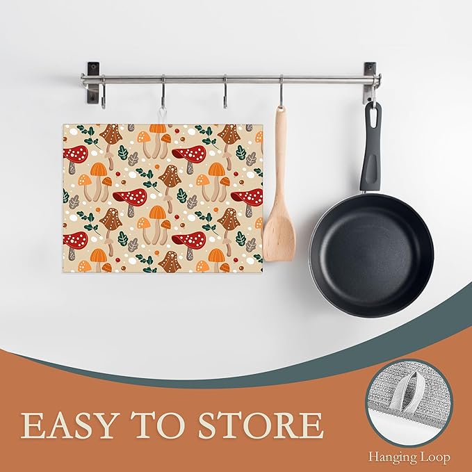 Funny Mushrooms Dish Drying Rack Mats Decor,Green Leaves Dish Pad Drying Mat Kitchen Counter 18x24 Inch Absorbent Reversible Microfiber for Coffee Bar Sink Countertop