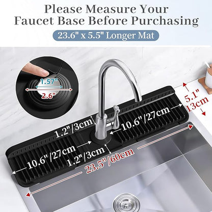 PoYang 24 inch Faucet Mat for Kitchen Sink Splash Guard, 7° Slope Silicone Sink Water Splash Guard for Kitchen Sink Area with Snap Button, Longer Sink Protectors for kitchen Sink Sponge Holder, Black