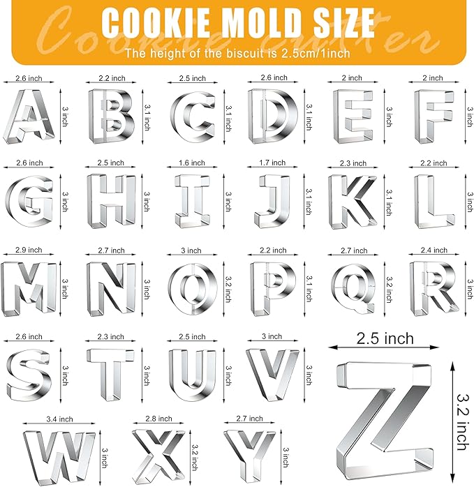 Letter Cookie Cutters Shapes Large 3 Inch - 26 Pcs Stainless Steel Alphabet Letter Cookie Cutter Set Fondant Biscuit Fruit Dough Mold Tools for Sandwich, Birthday, Christmas, and Holiday Party
