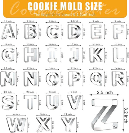 Letter Cookie Cutters Shapes Large 3 Inch - 26 Pcs Stainless Steel Alphabet Letter Cookie Cutter Set Fondant Biscuit Fruit Dough Mold Tools for Sandwich, Birthday, Christmas, and Holiday Party