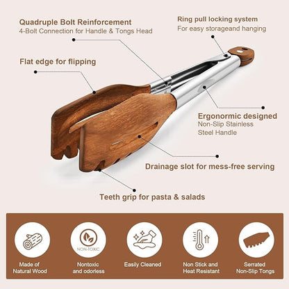 2 Pack 3-in-1 Wooden Tongs for Cooking(12", 15") Natural Walnut Wood kitchen Tongs, Nonstick Heat Resistant Cooking Tongs for Serving, Pasta, Salad, Grilling | Stainless Steel Non-Slip Grip, Pull Lock