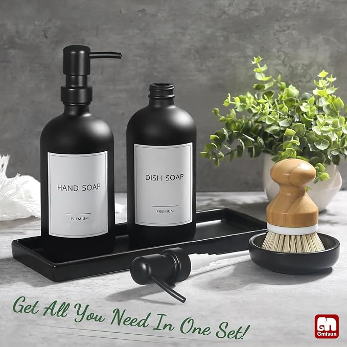 GMISUN Kitchen Soap Dispenser Set, 17 fl oz Dish Soap Dispenser with Ceramic Tray & Bamboo Brush for Kitchen, 2Pcs Matte Black Glass Hand and Dish Soap Dispenser Set, Refillable Soap Bottle Set - Image 2