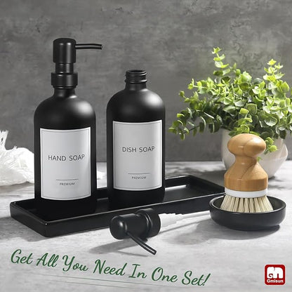 GMISUN Kitchen Soap Dispenser Set, 17 fl oz Dish Soap Dispenser with Ceramic Tray & Bamboo Brush for Kitchen, 2Pcs Matte Black Glass Hand and Dish Soap Dispenser Set, Refillable Soap Bottle Set - Image 2