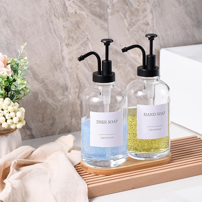 Glass Soap Dispenser with Pump, Dish and Hand Soap Dispenser for Kitchen Bathroom Set, Clear Glass Dispenser Set of 2 Pack with 18 Stickers Funnel Bamboo Tray 500ml 18oz / Each Bottle Sliver Pump - Image 8