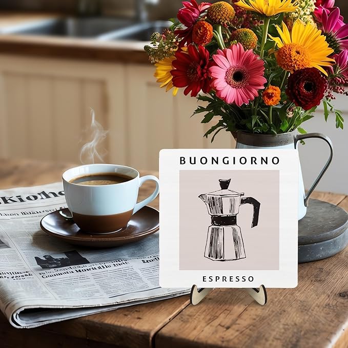 Coffee Bar Decor Sign,Wooden Vintage Plaque with CoffeePot Pattern-Buongiorno Espresso,Funny Farmhouse Decor for Coffee Station, Kitchen Café or Shelf Display(White) - Image 7