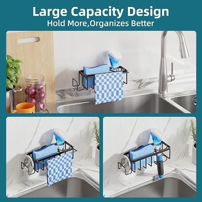 TAILI 4-in-1 Sink Caddy with Strong Suction Cup, Sponge Holder for Kitchen Sink Organizer, Removable, Rustproof, Stainless Steel Holder for Sponge, Brush, Scrubber, Scraper - Black - Image 6