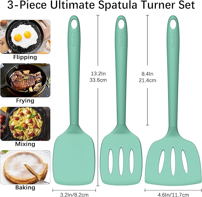 Coukre 3 Pack Silicone Spatula Set, High Heat Resistant, BPA-Free, Fish Spatula, Solid & Slotted Turner for Non-Stick Pans, Flipping Eggs, Pancakes, Fish, Burgers (3, PureAquaGreen) - Image 2