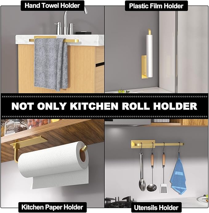 Paper Towel Holder - Self-Adhesive or Drilling, Gold, Upgraded Aluminum Kitchen Roll Dispenser Under Cabinet, Lighter but Stronger Than Stainless Steel! - Image 4