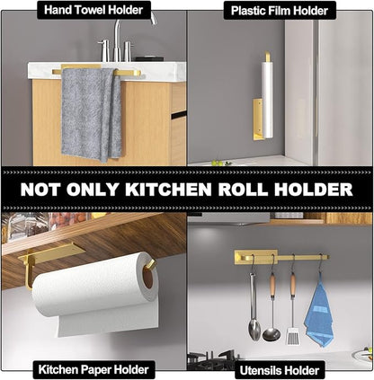Paper Towel Holder - Self-Adhesive or Drilling, Gold, Upgraded Aluminum Kitchen Roll Dispenser Under Cabinet, Lighter but Stronger Than Stainless Steel! - Image 4