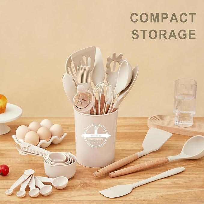 Kitchen Utensils Set - 34 PCS Non-Stick Silicone Cooking Utensils Set Spatula Set with Holder, Wooden Handle Spoon,Brush,Whisk Kitchen Gadgets Tools Set for Nonstick Cookware (Cream White-34P) - Image 8