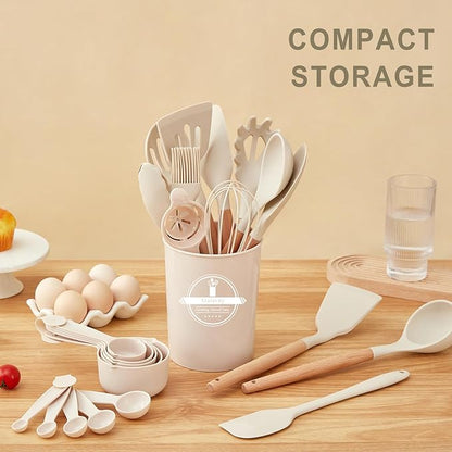 Kitchen Utensils Set - 34 PCS Non-Stick Silicone Cooking Utensils Set Spatula Set with Holder, Wooden Handle Spoon,Brush,Whisk Kitchen Gadgets Tools Set for Nonstick Cookware (Cream White-34P) - Image 8