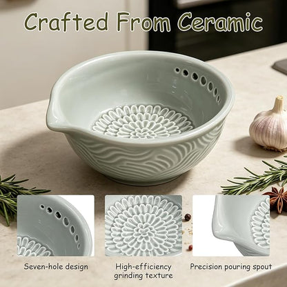 Grater Plate, 3 in 1 Ceramic Ginger Grater Bowl with Herb Stripper – Handmade Multi-Functional Kitchen Tool for Garlic, Ginger, Chocolate, Herbs, and Spices