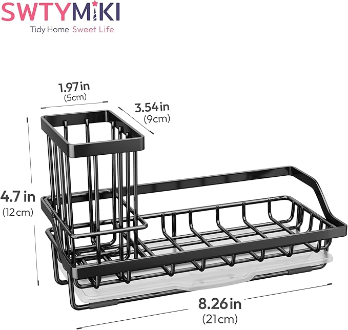 SWTYMIKI Sink Caddy Sponge Holder - Kitchen Sink Organizer with High Brush Holder for Countertop to Hold Dish Soaps and Sponges, Stainless Steel, Black - Image 6
