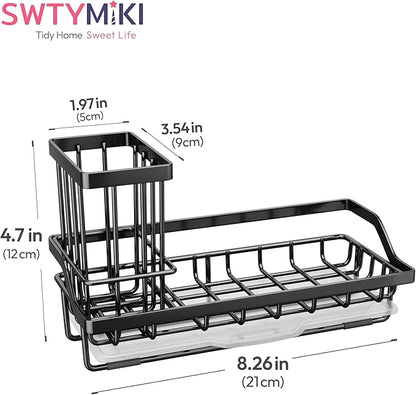SWTYMIKI Sink Caddy Sponge Holder - Kitchen Sink Organizer with High Brush Holder for Countertop to Hold Dish Soaps and Sponges, Stainless Steel, Black - Image 6