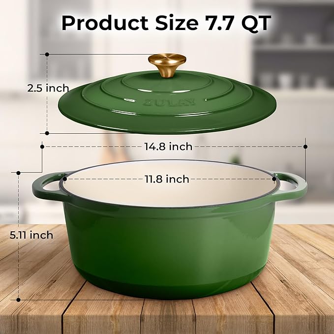 Zulay Kitchen 7.7 Quart Enameled Cast Iron Dutch Oven Pot with Lid – Premium Durability & Oven Safe up to 500°F – Heavy Duty Cookware Perfect for Bread Baking, Stews, Braising & Roasting – Green - Image 8