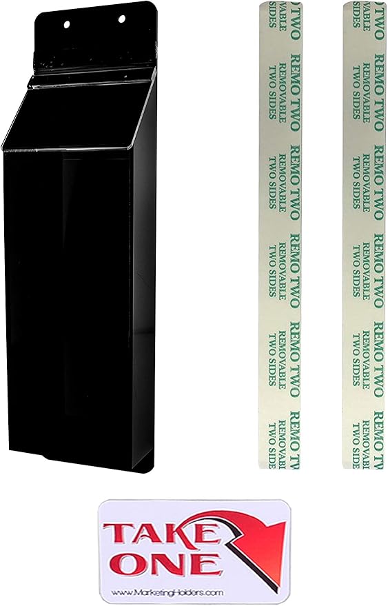 Outdoor Brochure Holder Holds 4" x 9" Rack Cards Black and Clear Acrylic Wall Mount Pamphlets Box with Lid and Take One Sticker and Adhesive Strips by Marketing Holders