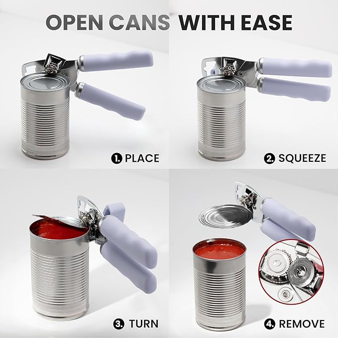 Zulay Kitchen Heavy Duty Stainless Steel Can Opener Manual with Bottle Opener - Rust Proof Manual Can Opener With Turn Knob & Comfy Soft Grip Handles - Light Lilac - Image 6