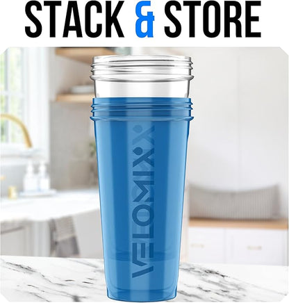 VELOMIX -2 Pack- 28 oz Protein Shaker Bottles for Protein Mixes - 2x Wire Whisk | Leak Proof Shaker Cups for Protein Shakes and Pre Workout | Protein Shaker Bottle Pack (B5) Blue/Transparent