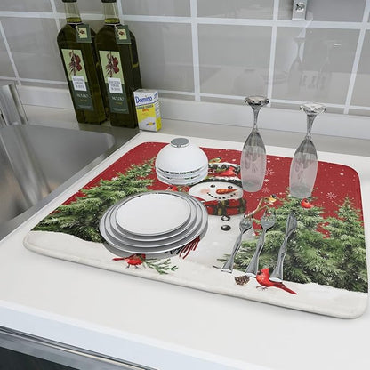 Christmas Dish Drying Mat for Kitchen Counter Snowman Green Christmas Tree Microfiber Absorbent Dish Draining Reusable Washable Foldable Extra Large 18"x24" - Image 6
