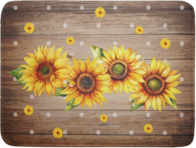 Summer Sunflower Bee Dish Drying Mat for Kitchen Counter,Rustic Yellow Flowers White Polka Dots Drying Mat 18 x 24 Inch with Absorbent Reversible Microfiber Drying Pad for Coffee Bar by Anyako