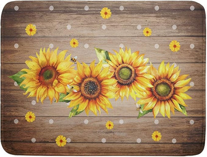Summer Sunflower Bee Dish Drying Mat for Kitchen Counter,Rustic Yellow Flowers White Polka Dots Drying Mat 18 x 24 Inch with Absorbent Reversible Microfiber Drying Pad for Coffee Bar by Anyako
