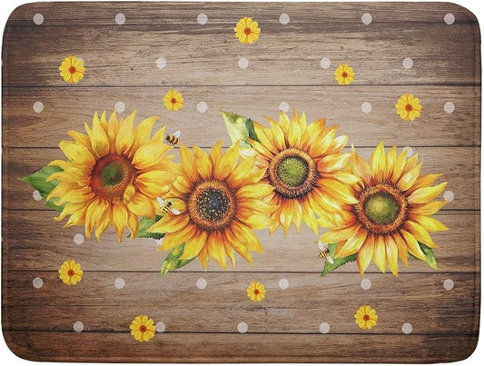 Summer Sunflower Bee Dish Drying Mat for Kitchen Counter,Rustic Yellow Flowers White Polka Dots Drying Mat 18 x 24 Inch with Absorbent Reversible Microfiber Drying Pad for Coffee Bar by Anyako