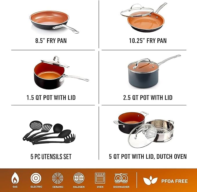 GOTHAM STEEL 15 Pc Ceramic Cookware Set, Ceramic Pots and Pans Set Non Stick with Cooking Utensils and Steamer, Non Toxic PFOA PFOS Free, Premium Stay Cool Handles, Oven & Dishwasher Safe - Image 2