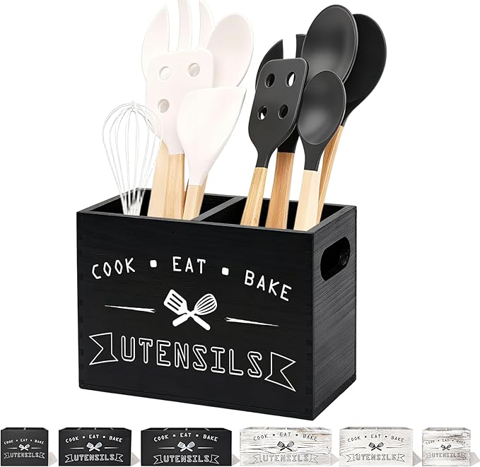 Small and Durable Wood Kitchen Utensil Holder with Removable Divider for Party and Countertop （black 2 Compartment）