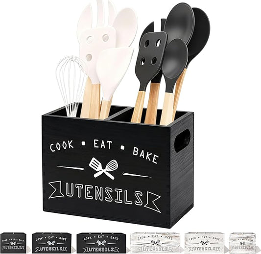 Small and Durable Wood Kitchen Utensil Holder with Removable Divider for Party and Countertop （black 2 Compartment）