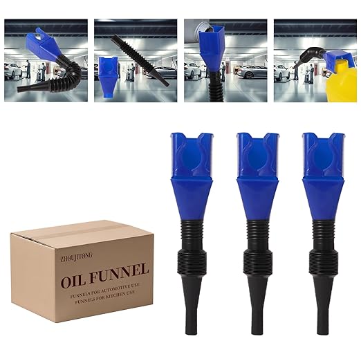 3-Pack Flexible Car Funnel for Oil Change, Retractable Snap-On Automotive Funnel with Adjustable Hose, Leak-Proof Spill-Free Design for Motorcycle, Cars, Repair Shop ﻿