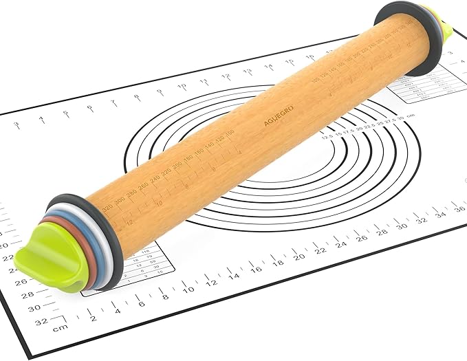 Rolling Pin with Adjustable Thickness Ring and Silicone Baking Mat for Baking, Fondant,Pizza,Pie,Cookies,Pastries,13.6"Wooden Rolling Pin Dough Roller with 4 Multi-Color Thickness Rings by Aguegro