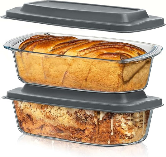 Razab LARGE 7.6 Cups/1800 ML/1.9 Qt Glass Loaf Pan with Lids (Set of 2) - Meatloaf Pan BPA free Airtight Lids Grip Handle Easy Carry, Microwave and Oven Safe - Loaf Pans For Baking Bread, Cakes by RazabHomeGoods