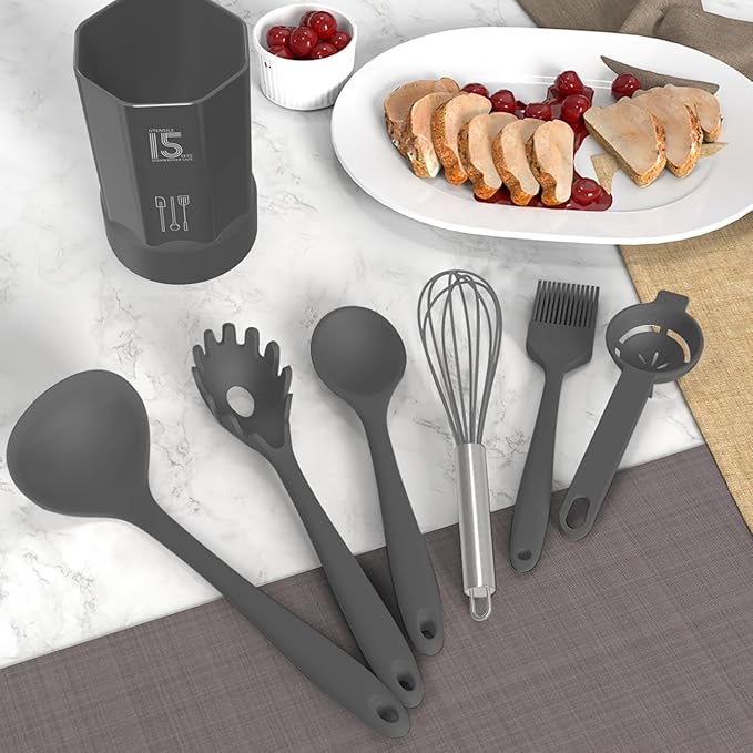 AOTHOD Silicone Cooking Utensils Set - 446°F Heat Resistant Kitchen Utensils,Spatula Sets,Turner Tongs,Spoon,Kitchen Utensil Gadgets Tools Set for Nonstick Cookware,Dishwasher Safe BPA Free (Gray) - Image 9