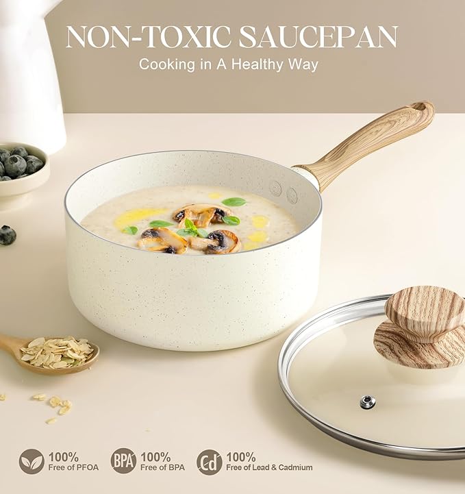 MICHELANGELO 3 Quart Saucepan with Lid, Nonstick Sauce Pan, Small Sauce Pot with Granite Coatings, Bakelite Handle, Dishwasher-Safe, White - Image 5