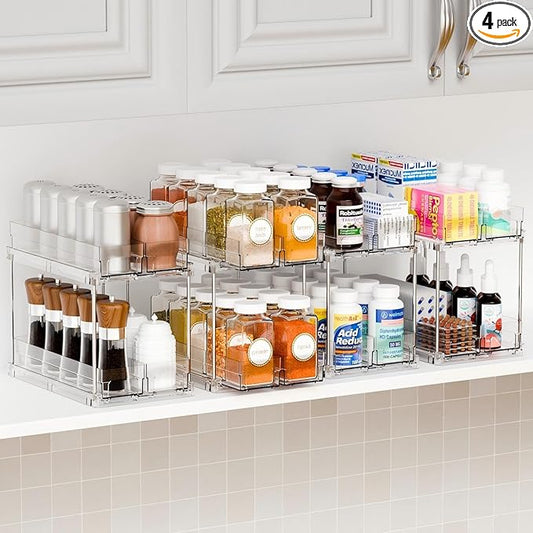 Yieach 2 Tier Sliding Spice Racks for Cabinets,4 Pack 10.4'' Deep Narrow Vertical Spice Rack Pull Out for Inside Cabinets,Kitchen,Pantry,Cupboard Seasoning,Jar Organizer and Medicine Cabinet Storage